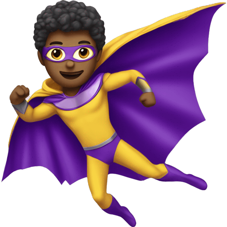 flying super hero, purple & yellow costume emoji