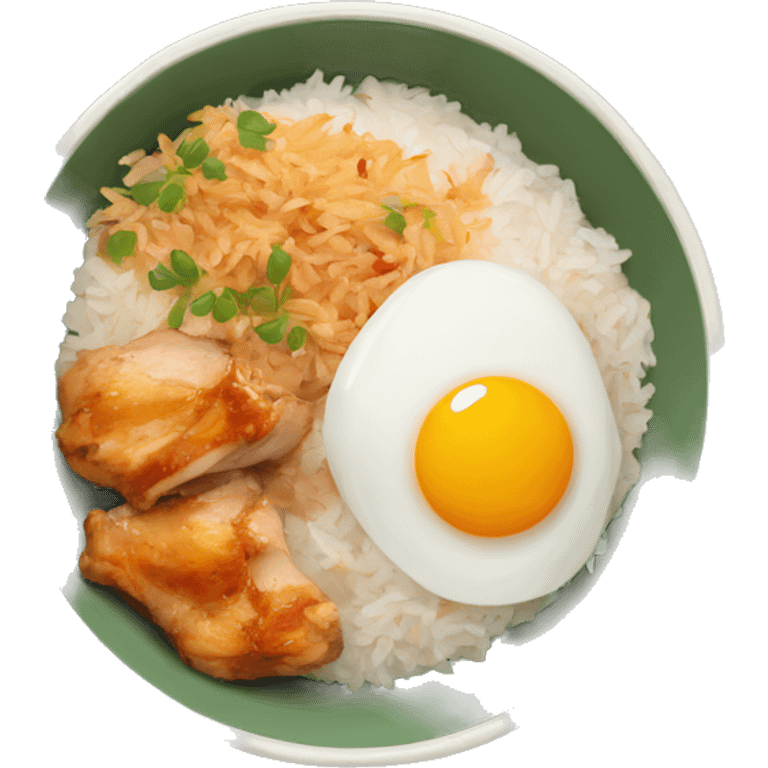 a bowl of rice with two eggs and chicken thigh upright emoji