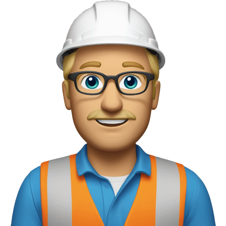 blonde man, no beard but with mustache, blue/green eyes, glasses, wearing white hard hat that says ”gmc” in orange letters, orange safety vest, blue shirt emoji