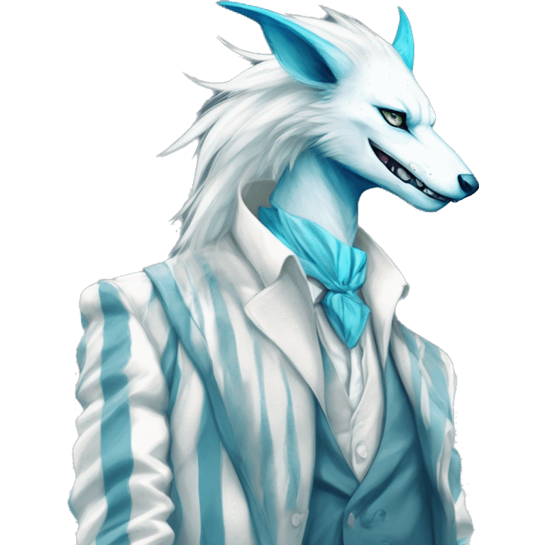 White badass elegant wild beautiful natural cute badass epic anthro modern albino sergal-vernid-creature with cyan mane with cyan edgy stripes, full body, blue pretty hair, outside, modern, aesthetic, art by LiLaiRa, art by art by Falvie emoji