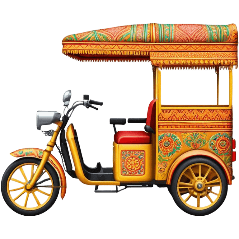 Cinematic Realistic Indian Auto Rickshaw Emoji, depicted as a colorful, bustling auto rickshaw with intricate designs and vibrant hues, rendered with lively textures and dynamic urban lighting that captures its quintessential presence in Indian cities. emoji