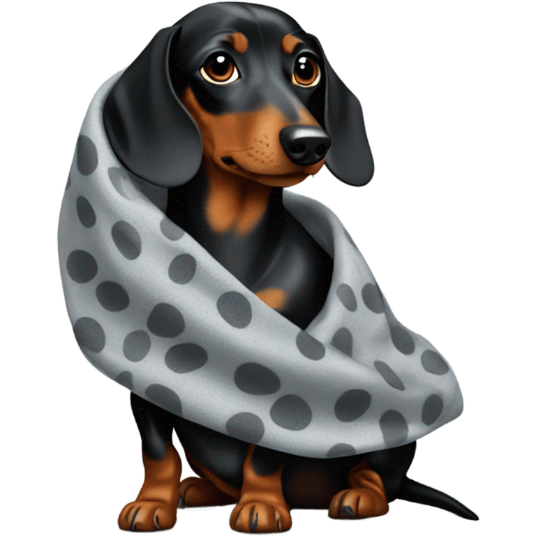 A black and grey Spotted dachshund with a blanker over his Head  emoji