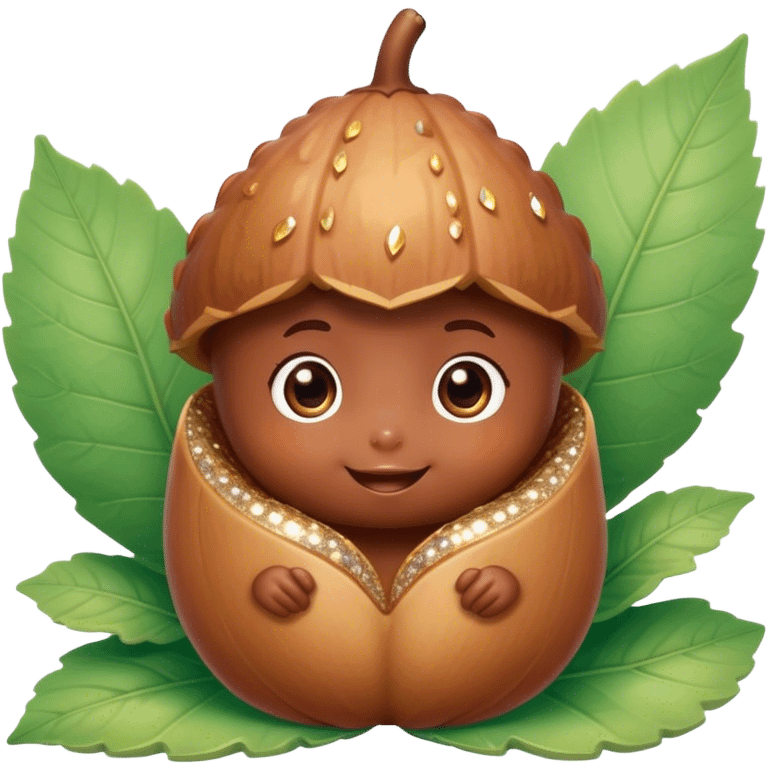 Cinematic tiny happy acorn, glossy brown, soft glowing highlights, tiny adorable face with big sparkly eyes, sitting on a pastel leaf, warm and cheerful. emoji