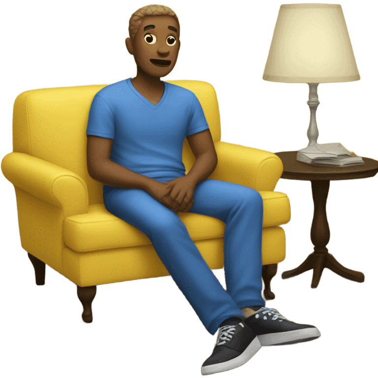 White human male in blue dress, sitting on jellow couch  emoji