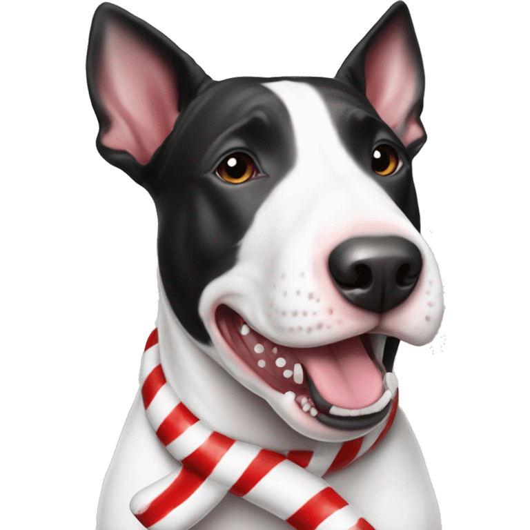 Black and white bull terrier with candy cane emoji