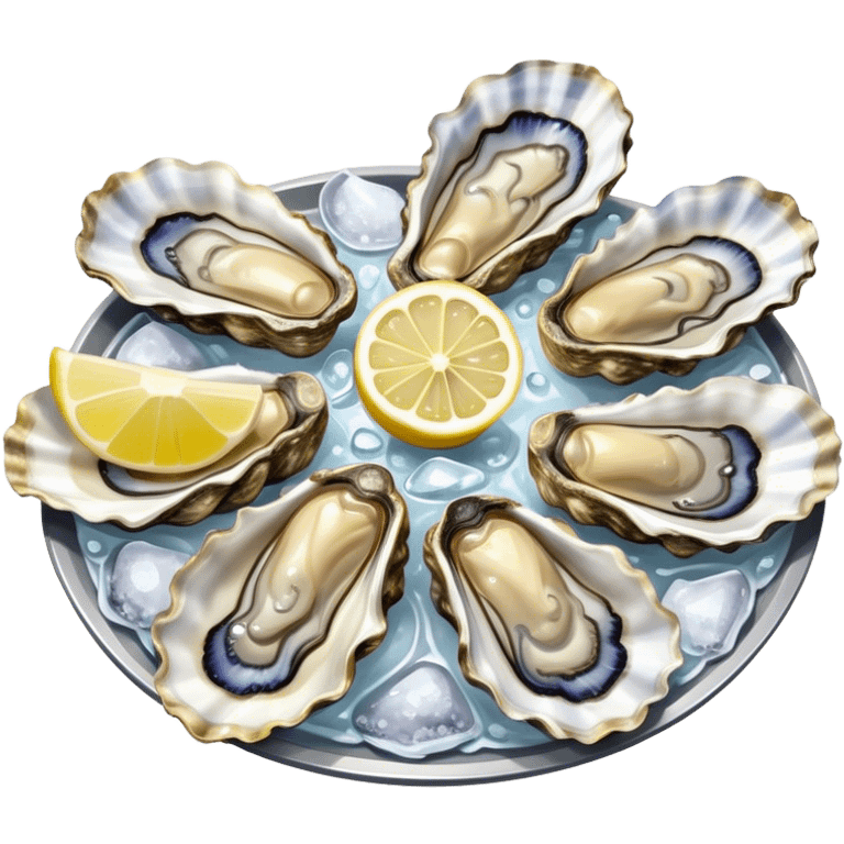 Cinematic fresh oysters on the half-shell, glistening with seawater, served with lemon wedges and ice, soft glowing highlights, elegant and luxurious. emoji