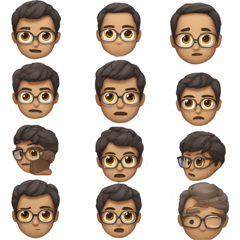 anime, chibi, plano medio corto, emotes para twitch, chico, lentes, pelo corto marrón emoji