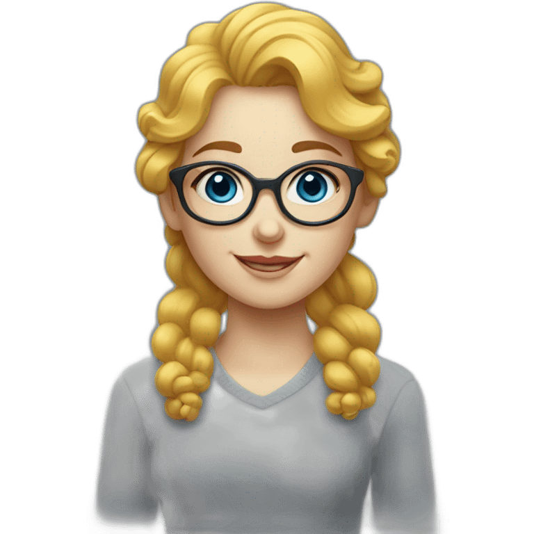 a girl with curly yellow hair to her neck and with round large glasses, Russian-Jewish appearance, with snow-white skin and a smile, and gray-blue eyes emoji