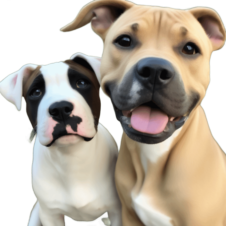 Black mouth cur puppy next to black and white smiling pit bull emoji