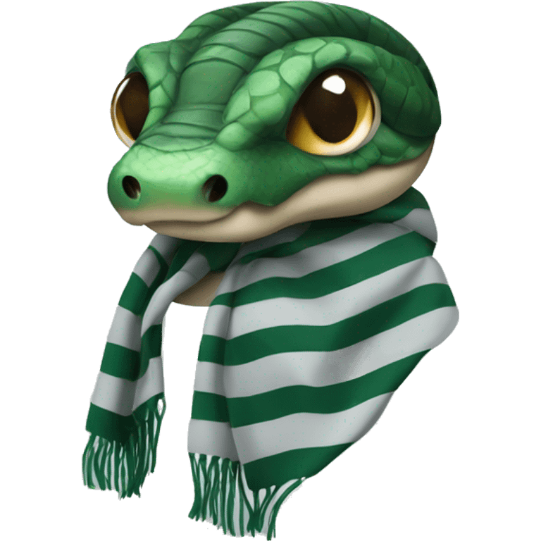 snake head wearing a grey and green striped winter scarf emoji