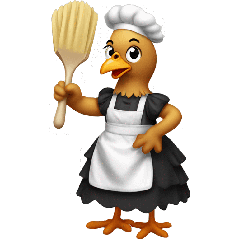 Chicken wearing a maid outfit while holding a duster emoji