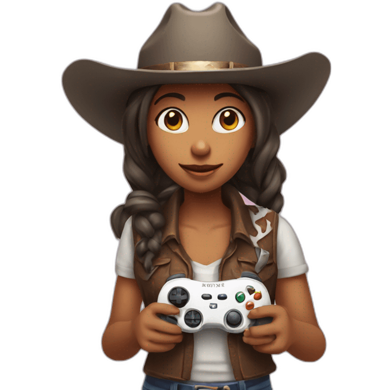 girl with a cowboy hat holding a game controller emoji