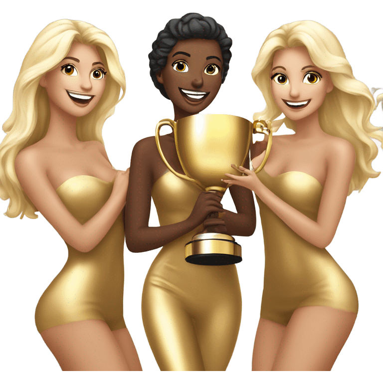 Seven beautiful blonde and Latina models celebrating with 1 huge gold trophy emoji