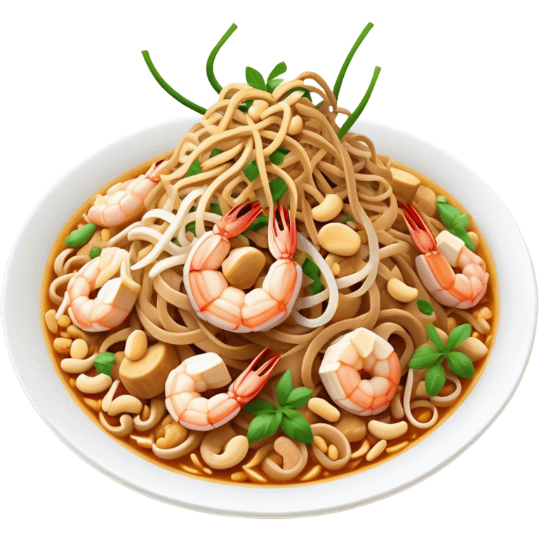 Cinematic Realistic Pad Thai Dish Emoji, depicted as stir-fried rice noodles with shrimp, tofu, peanuts, and bean sprouts rendered with vibrant textures and dynamic, appetizing lighting. emoji