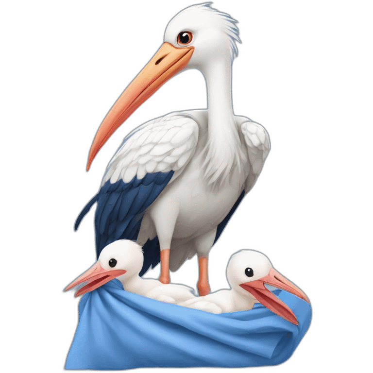 White stork carrying a blue bundle of cloth in its beak that has a human baby with and the human baby head is peeking from the fabric bundle the strok is carrying with its beak emoji