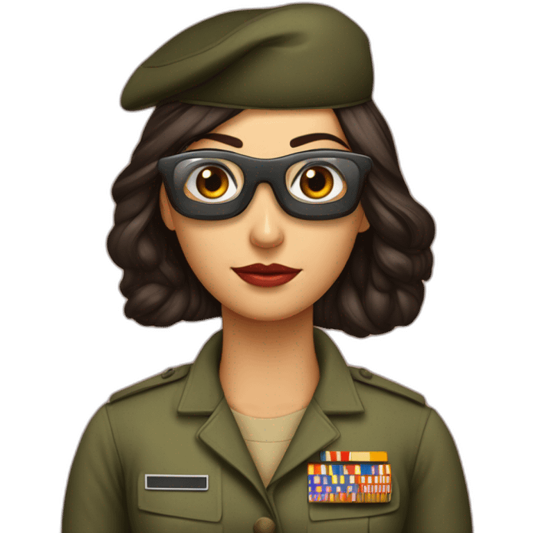 Mujer morena tez morena ojos oscuros gafas cara regordita militar emoji