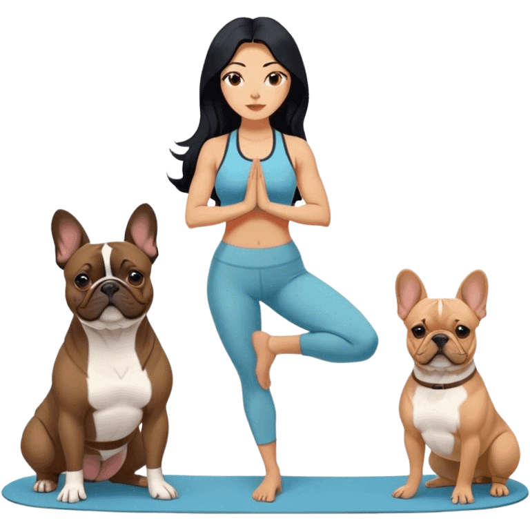 latin woman in a yoga outfit with long black hair standing alongside two French bulldogs emoji
 emoji