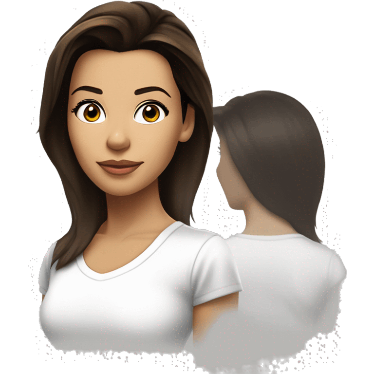 3/4 face, contrasted, shadow, light, Eva Longoria expression, standing from a distance, thin nose, brunette woman, hazel eyes, long eyelashes, dark shoulder shaded hair, white t-shirt, jeans, white sneakers emoji