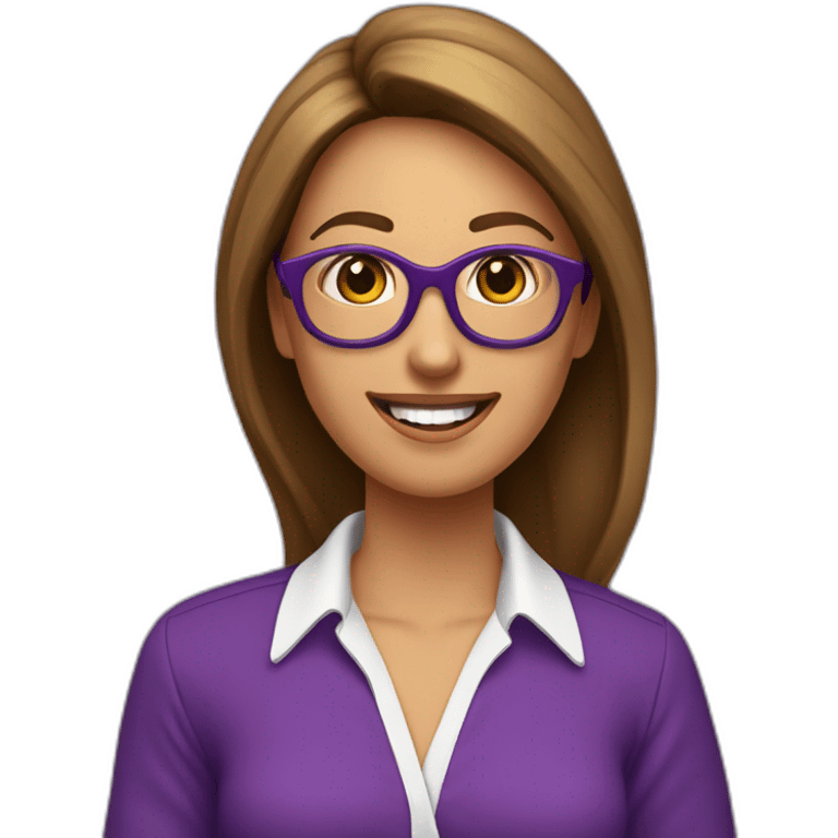 mujer-piel blanca-gafas-sonriendo-camisa morada-pelo corto-castaño emoji