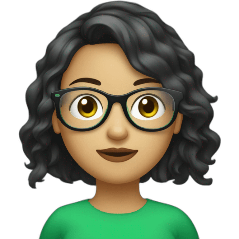 une fille cheveux noir avec des lunette (en forme de carrer un peu déformé) assez grosse comparer a ca tete yeux vert emoji