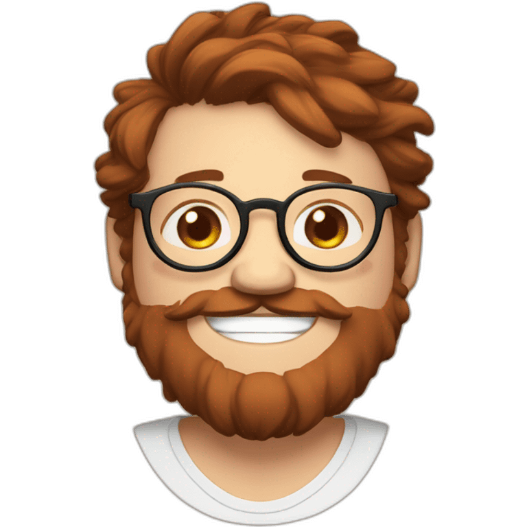 Chubby, non binary, round glasses, attached long brown hair, red and Brown beard, laughing ans sleepy emoji