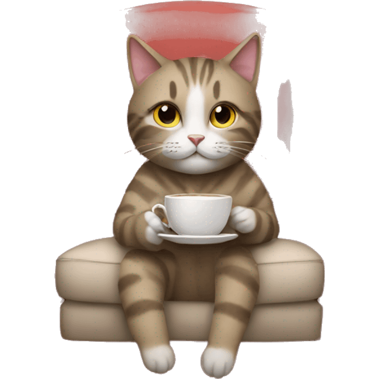 cat drinking tea looking at camera sitting in a chair emoji