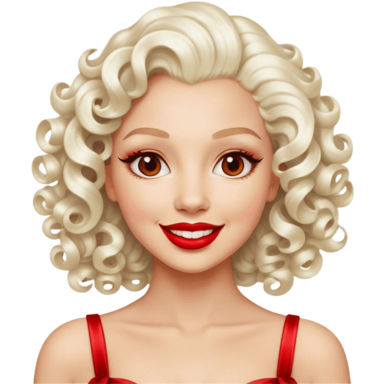 Cinematic Realistic Marilyn Monroe Emoji, featuring a glamorous, high-detail portrayal of the legendary Hollywood star. Her iconic platinum curls, radiant smile, and signature red lips are illuminated by dramatic, vintage-style lighting, evoking the timeless allure of classic cinema. emoji