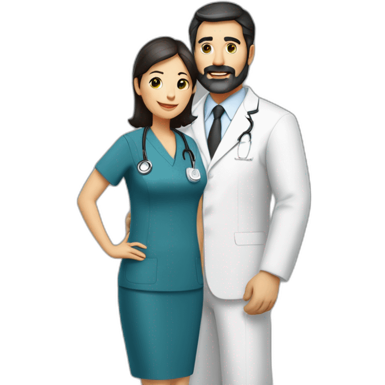 husband classic middle aged executive dark hair thin beard wearing business suit holding bible, with wife asian age 55 dark hair wearing nurse uniform emoji