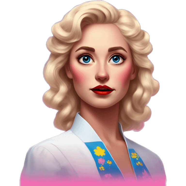 Synthwave swedish communist in Elsa style, oil paint, epic eyes, intricate lips, exquisite pose, beautiful, desirable, logical, Midsommar  emoji