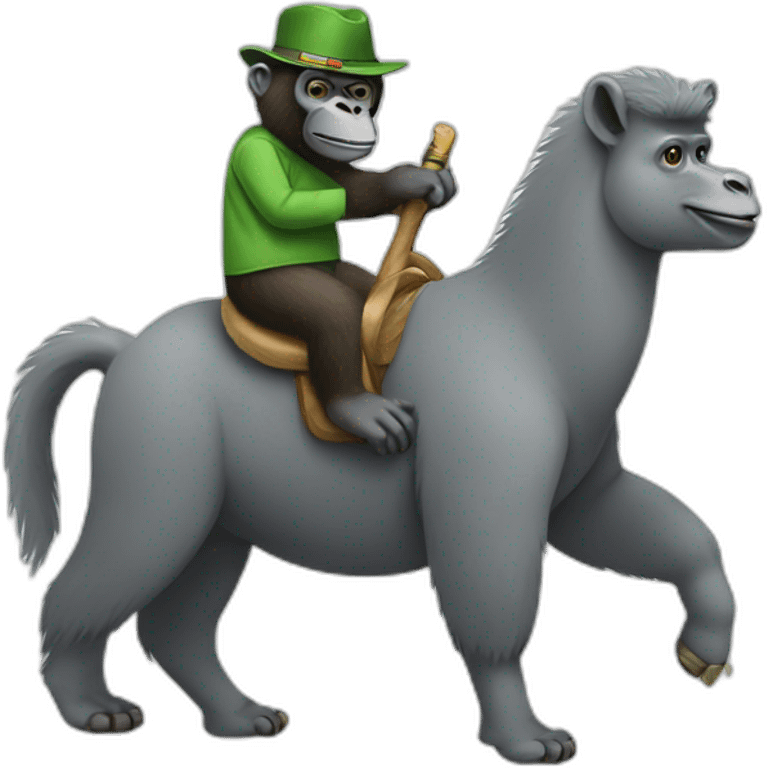 Gorilla riding a grey Llama that's wearing a green hat emoji