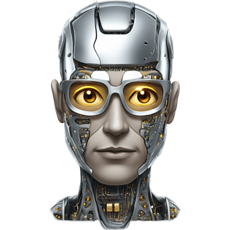 Male cyborg head with metallic skin, flat top, rectangular glasses and circuits emoji