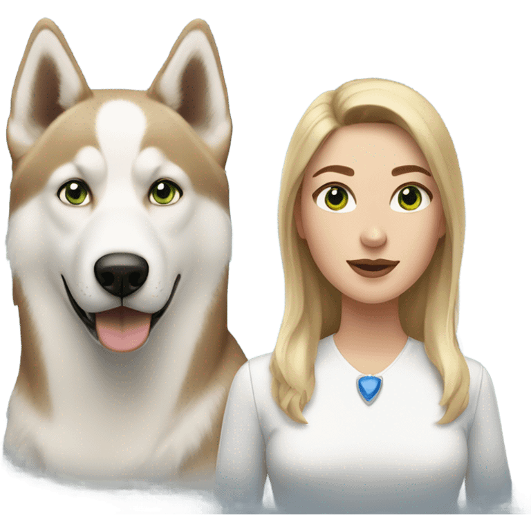 White Woman hair brown and bleus eyes and golden Husky With green eyes emoji