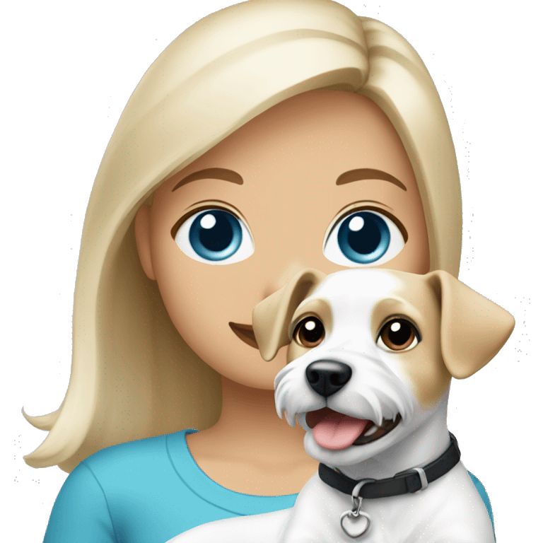 girl with blond hair and blue eyes holding a white russel terrier dog emoji