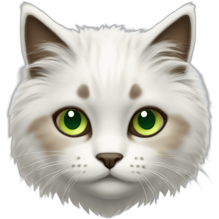 white fluffy bi-colour cat with dark brown ears and upper head, brown ears and green eyes emoji