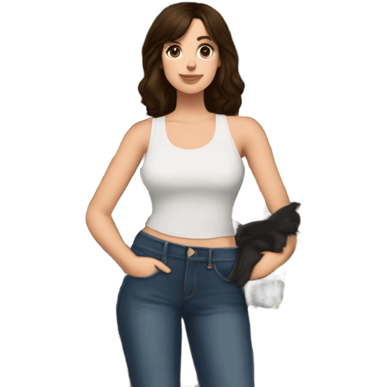 tall skinny brunette haired girl with brown eyes medium wavy hair and middle part curtain bangs wearing dark wash jeans and black high neck tank top and black mary jane heel shoes standing and holding fat black cat with white spot on its belly emoji