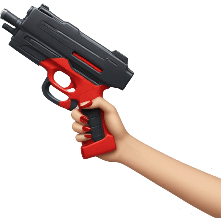 white hand with red nails holding large scary dark nerf gun emoji