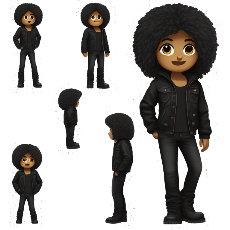 Teddy bear, bear, brown fur, full body, standing, wearing true religion black jacket and black pants, new rocks black boots, black hair medium length straight messy  emoji