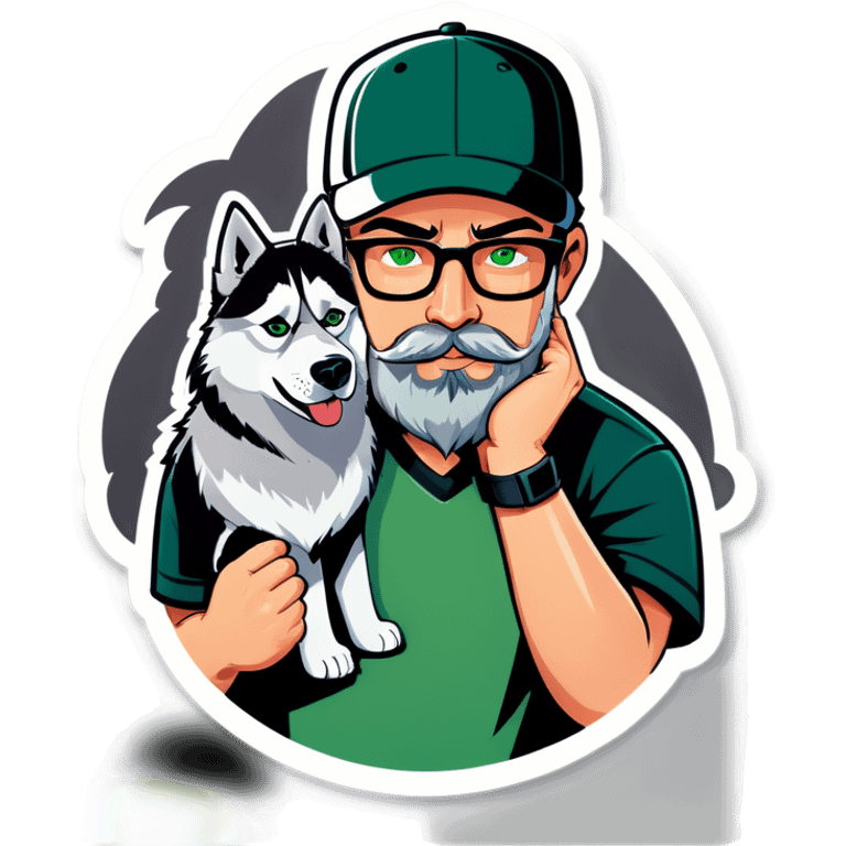 A bold man with a grey baseball cap, green eyes, big beard and glasses holding a husky dog emoji