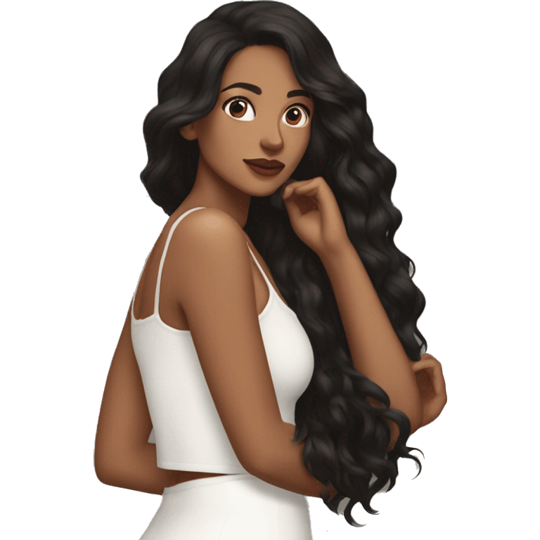 the back side of a brown women, with black hair, a white crop top, wavy long hair emoji