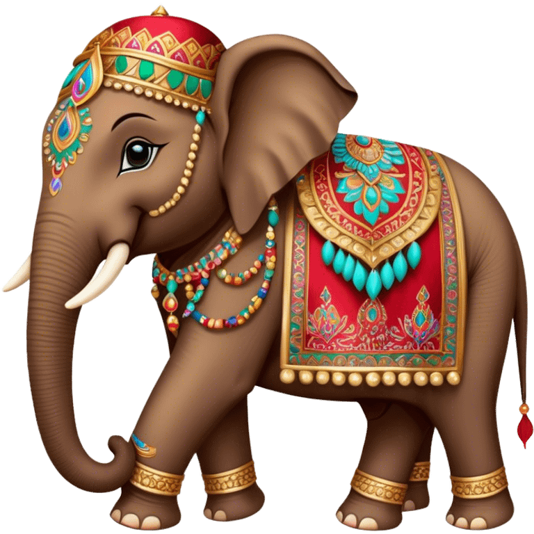 Decorated Indian elephant – Cinematic Realistic Decorated Indian Elephant, depicted as a majestic elephant adorned with vibrant, ornate ceremonial decorations and rich, colorful fabrics, set against a festive Indian backdrop with warm golden lighting that highlights its cultural significance. emoji