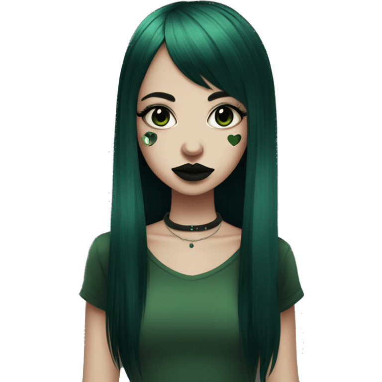 big septum piercing goth girl black long hair with dark green bangs emoji