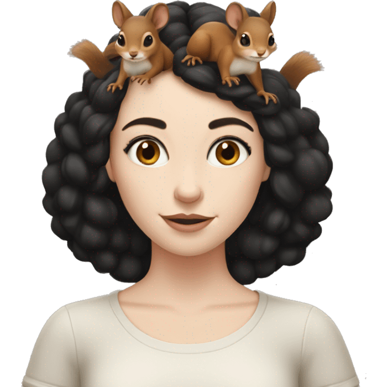 pale skin, black haired girl with squirrels on her head emoji