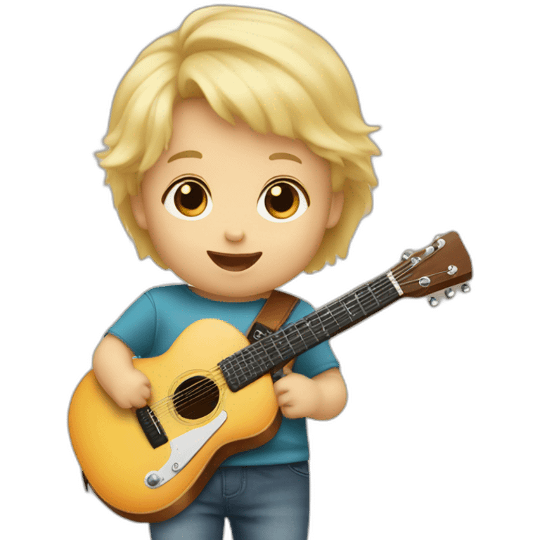 a 2-year-old baby, blond and with little hair, playing a mini guitar emoji