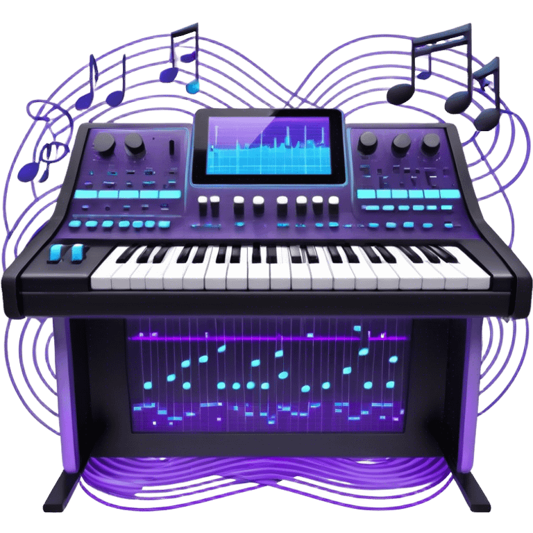 Create a professional and artistic emoji that represents sound design. The design should feature essential sound design equipment, including a high-end Korg synthesizer, a sound mixing console with visible wires, large studio speakers, and a microphone. Surround the equipment with flowing, abstract sound waves and musical notes to symbolize the fluid, creative nature of sound design. Add subtle effects like glowing sound frequencies or swirling patterns to represent the dynamic manipulation of sound. Use sleek, modern colors like black, silver, neon blue, and purple to evoke a sense of innovation and artistic exploration. The background should be transparent. emoji