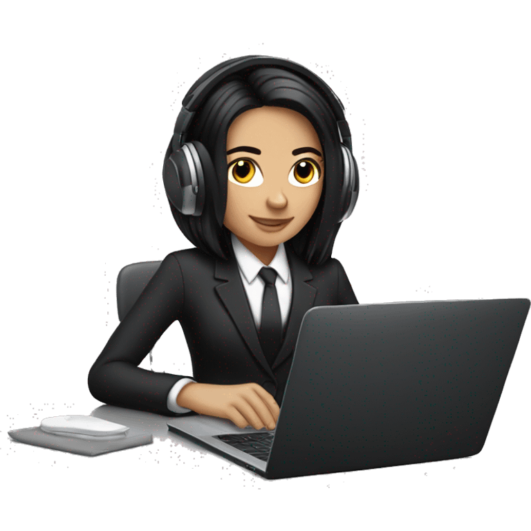 white girl with black hair working on laptop with headphones AND A TUXEO SUIT emoji