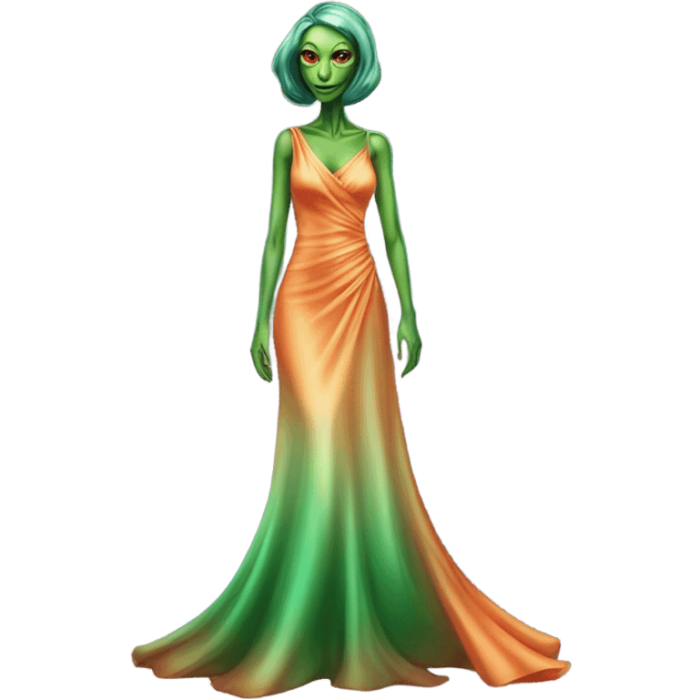 reptilian green alien woman, in long slim pastel orange formal party satin dress with gradient shiny sparkling dark red, full figure, full body emoji