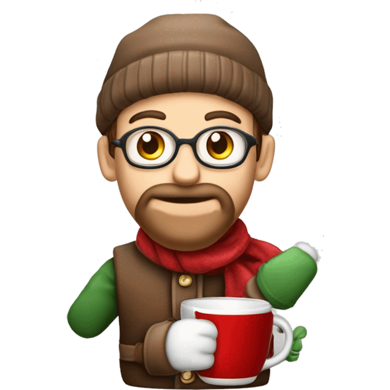 Rentier mit einer kaffe tasse in der hand mit einer santa mütze und schal emoji