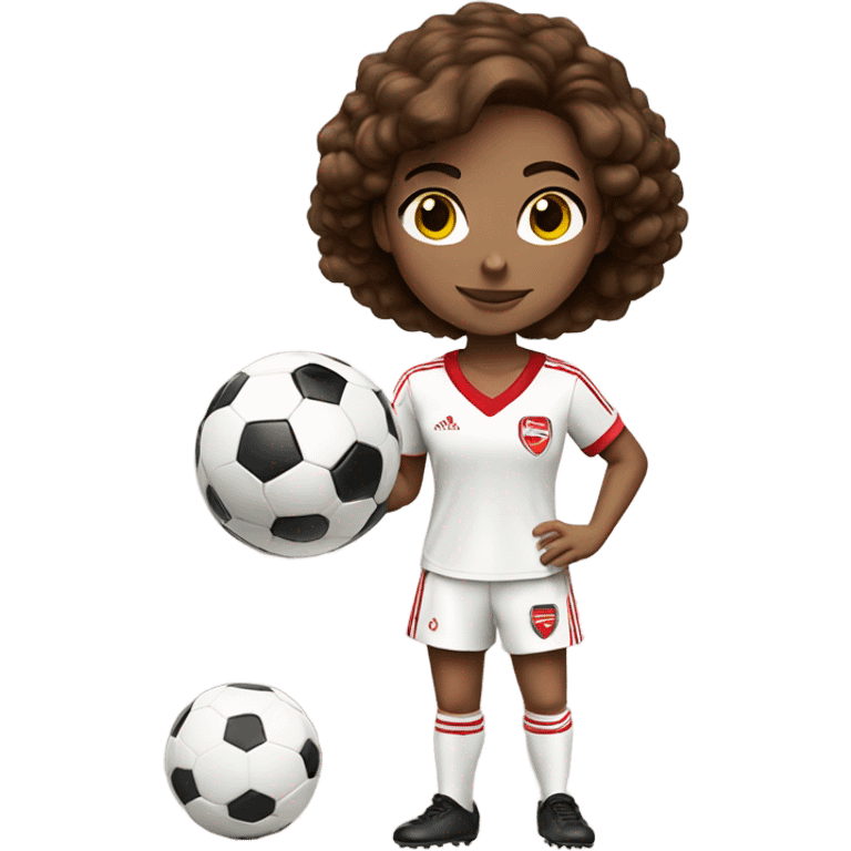 Pretty woman wearing an Arsenal jersey with short brown hair kicking a soccer ball emoji