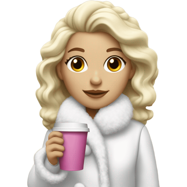 blonde girl wearing white fluffy jacket and a coffee to go in hand all dress white and a white bow on hair emoji