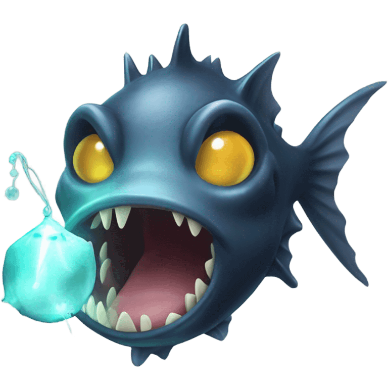 Anglerfish with a glowing lure hanging from its forehead, sharp teeth, and big eyes. emoji